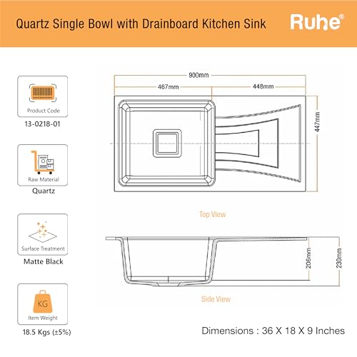 Image of Ruhe Quartz Single Bowl 36x18x9 Inches Drainboard Kitchen Sink | Black Non-fading Colour with UV Protection | Natural Stone Quartz /Granite Sink with Sink Coupling, Waste Pipe & Strainer Basket