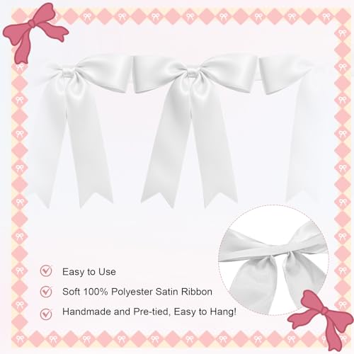 Image of 2 Strings of 16PCS White Bow Garlands Banner Decoration,Pre-Strung Satin Ribbon Ornaments for Birthday,Bachelorette Party,Bridal Shower,Wedding,Engagement,Baby Shower, Graduation Decor,Anniversary