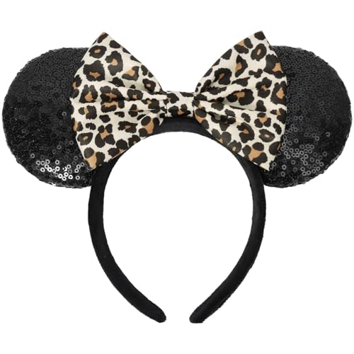 Mouse Ears Headband Sequin Ears Headband with Leopard Bow Glitter Party Hair Decoration for Women (Leopard)