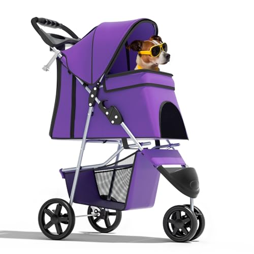 Image of Magshion 3-Wheel Pet Stroller, Foldable Travel Jogger for Small & Medium Dogs & Cats (Up to 33lbs), Lightweight Carrier with Breathable Mesh Cover, Cup Holder & Storage Basket, Purple