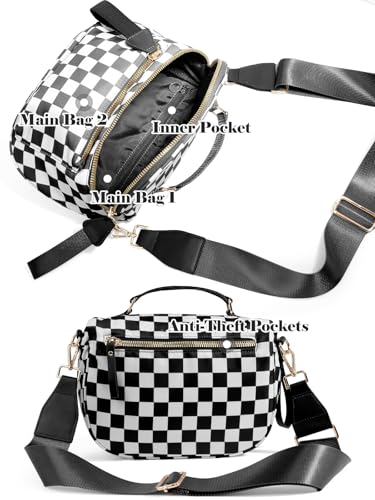 Image of Black and White Checkered Crossbody Bag Bum Bag for Women,Spacious Checkered Purse Fanny Packs Belt Bag