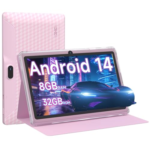 Image of YQSAVIOR 7 inch Tablet | Android 14 | Tablet with Protective Case | 8GB+32GB+2TB Expand | Eye-Friendly Screen | Dual Camera | 2.4G+5G WiFi | Widevine L1 | Educational | Games | Pink