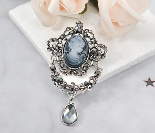 Image of Gyn&Joy Antique Blue Rhinestones Cameo Brooch Pin