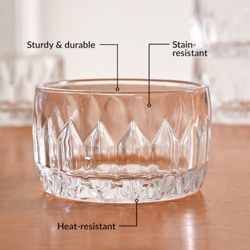 Image of Nestasia Small Glass Chutney Bowls Set of 6 (160ml Each) - Heat Resistant & Chip Resistant Ice Cream Bowls for Dips, Sauce & Pickles | Cyrstal Cut Transparent Katori with Gift Box - Ideal for Gifting