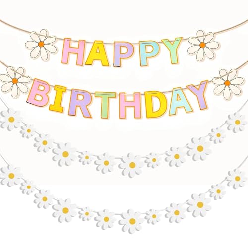 Daisy Flower Happy Birthday Banner, Boho Party Decorations, Spring Daisy Paper Garland for Birthday Celebration, Macaron Flower Themed Party Decor