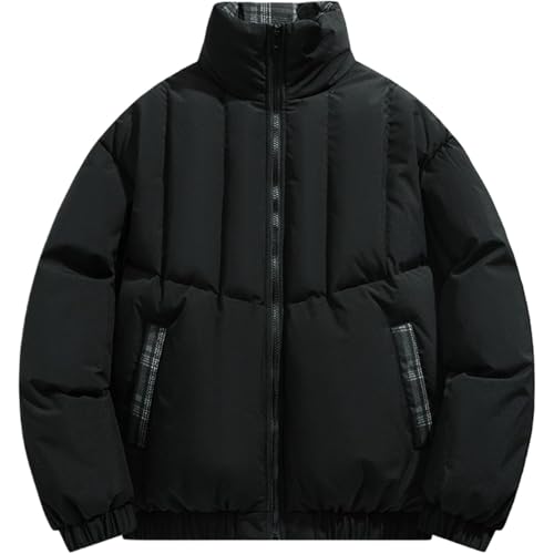 Plaid Lined Puffer Jacket for Men Hooded Winter Coat with Cotton Padding Loose Fit for All-Day Comfort (Black,Small)