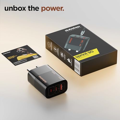 Image of Dubstep Sprint 90W GaN Triple Port Charger | 65W + 25W Type-C PD + USB-A QC 3.0 | PowerBlitz Technology | Charge 3 Devices Simultaneously | for MacBook, iPhone, Samsung, OnePlus (Black)