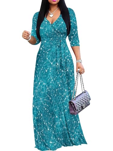 Image of PinkPatty Plus Size Maxi Dresses for Women Casual Flowy Long Dress 3 /4 Sleeve V Neck Wrap Dress with Belt