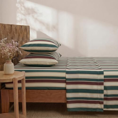 Image of Merryword Green Cabana Striped Sheet Set King Size - 100% Cotton Striped Bedding 4 Pieces, Soft Breathable Percale Weave, 17.5 inch Deep Pocket, Luxury Linen Like, All Season Comfort