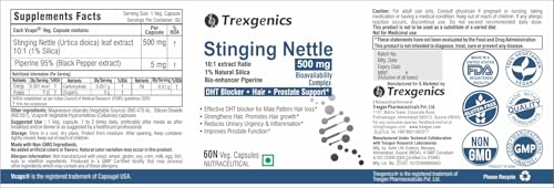 Image of Trexgenics STINGING NETTLE (1% Natural Silica) 500mg with with Bio-enhancer Piperine 5mg DHT Blocker, Hair growth, Prostate Support (60 Veg capsules)