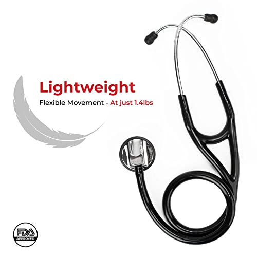 Esteth Cardiology Stethoscope - Professional Tool For Cardio Diagnostic - Ultra Sensitive Single Head Chest Piece, Broad Headset - Extra Ear Tips & Non-Chill Ring - 30" Tubing, Black Stethoscope #TOP4