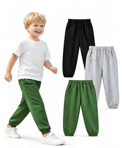 Vixonera Kids 100% Cotton Joggers 3 Pack with Pockets Lightweight Breathable Sweatpants for School Play Home and Running 4-5Y Green
