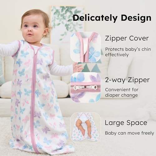 Image of Baby Sleep Sack 0-6 months, 100% Cotton Sleeping Sack for Newborn and Infant, 3 Pack Baby Wearable Blanket, 0.5 Tog Lightweight Double Zipper Sleep Bag Small Pink Butterfly Flower