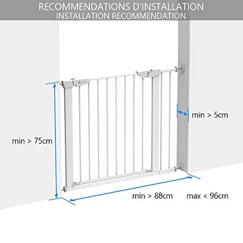 VOUNOT Treppenschutzgitter 75–96cm, ohne Bohren, Türschutzgitter für Kinder, Hunde und Katzen,Treppengitter, Magnetverschluss, 90° Stop, Weiß