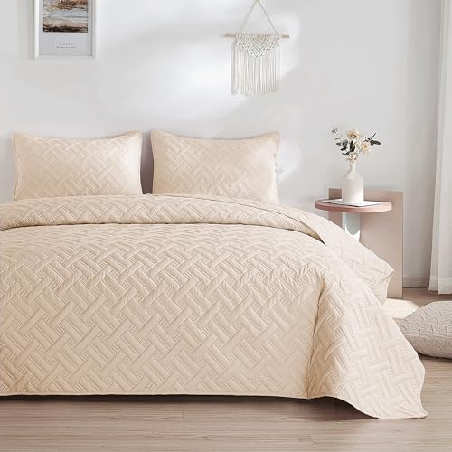 Image of HOMEKART 100% Microfiber Ultrasonic 280 Tc Solid King Size Quilted Bed Cover /Bedsheet with 2 Pillow Covers, (Luxurious, Beige 90X100 Inches, 254X228 Cm)