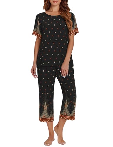 Image of Ekouaer Women's Two Piece Lounge Set Short Sleeve Shirt and Capri Pants Mumu Pajama with Pockets Loungewear Pjs Sets S-2XL