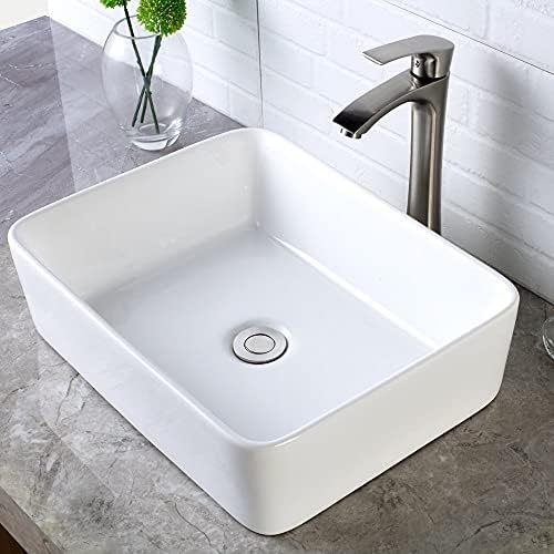 Vessel Sink Rectangular - Lordear 19"x15" Bathroom Vessel Sink with Faucet Combo Modern Rectangle Above Counter White Porcelain Ceramic Vessel Vanity Sink and Brushed Nickel Tall Faucet Single Handle