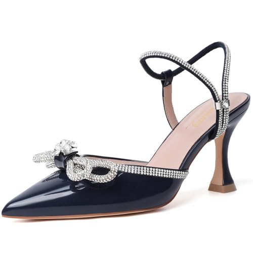 Image of Susanny Women's Closed Toe Rhinstone Wedding Low Heel Slingback Clear Kitten Heels,Adjustable Strap Pointed Toe Bow Pumps High Heeled Prom Dress Shoes