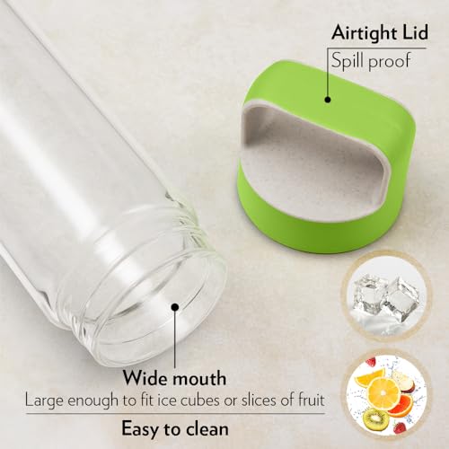 Image of Borosil 1000ml Neo Water Bottle with Green Husk Lid | Borosilicate Glass Wide Mouth Bottle for Fridge | Extreme Temperature Resistant For Hot & Cold Water, Milk, Lassi, Juice | Transparent (2pc)
