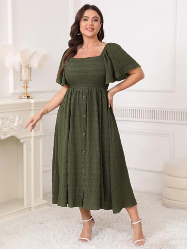 Image of Plus Size Casual Maxi Boho Dress for Curvy Women Short Sleeve Square Neck Smocked Summer Beach Dresses Button Down