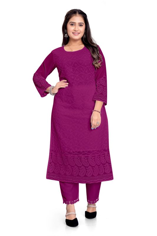 Image of IMPEX Hand Embroidered Chikankari Georgette Kurta for Women | Kurti | 3 /4th Sleeves | Round Neck | Ethnic Kurta | Ideal for Casual Wear, Festive, Wedding & Parties