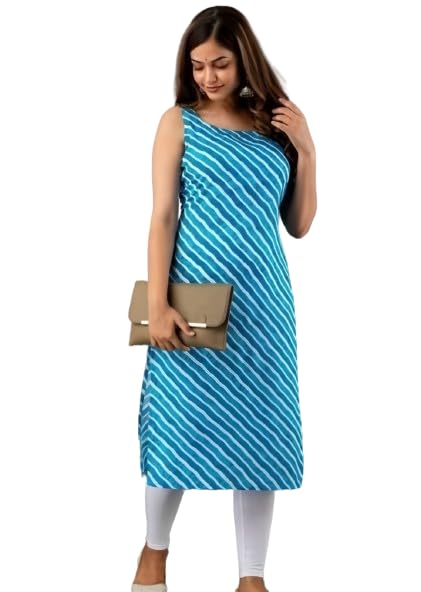 Patlani Women's A-Line-Calf Langth Sleeveless Crepe Kurti. Blue