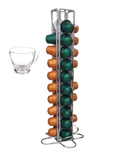 MAGMAHOME Soporte 40pcs Compatible Cafe nespresso Capsulas, Dispensador compatible Capsulas Vertical, compatible Portacapsulas Nespresso de Metal Cromado, más 4 tazas de cristal 80ml de regalo