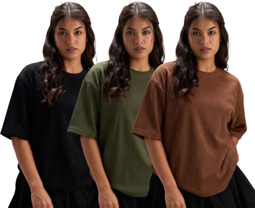 Image of RodZen Women Half Sleeve Polycotton Rib Textured Oversized Tshirt|Drop Shoulder|Loose Fit Tshirt|Stretchable