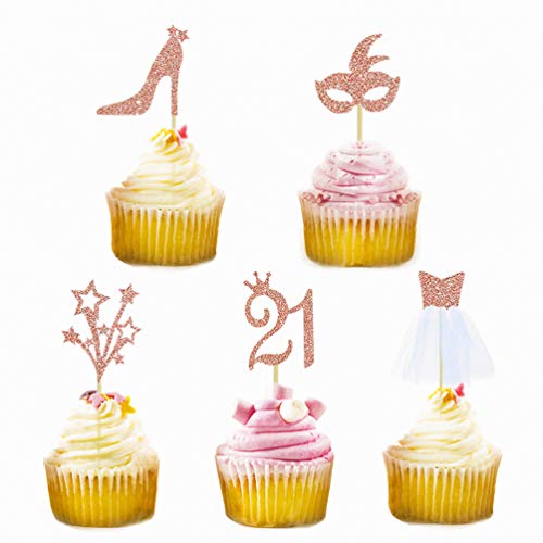 32Pcs Rose Gold Glitter Twenty One Birthday Party Decorations Cupcake Topper Kit With Figure 21,Mask,High Heel,Glasses,3D Tulle Dress Cupcake Toppers For Twenty One Party Birthday Cake Decorations #TOP6
