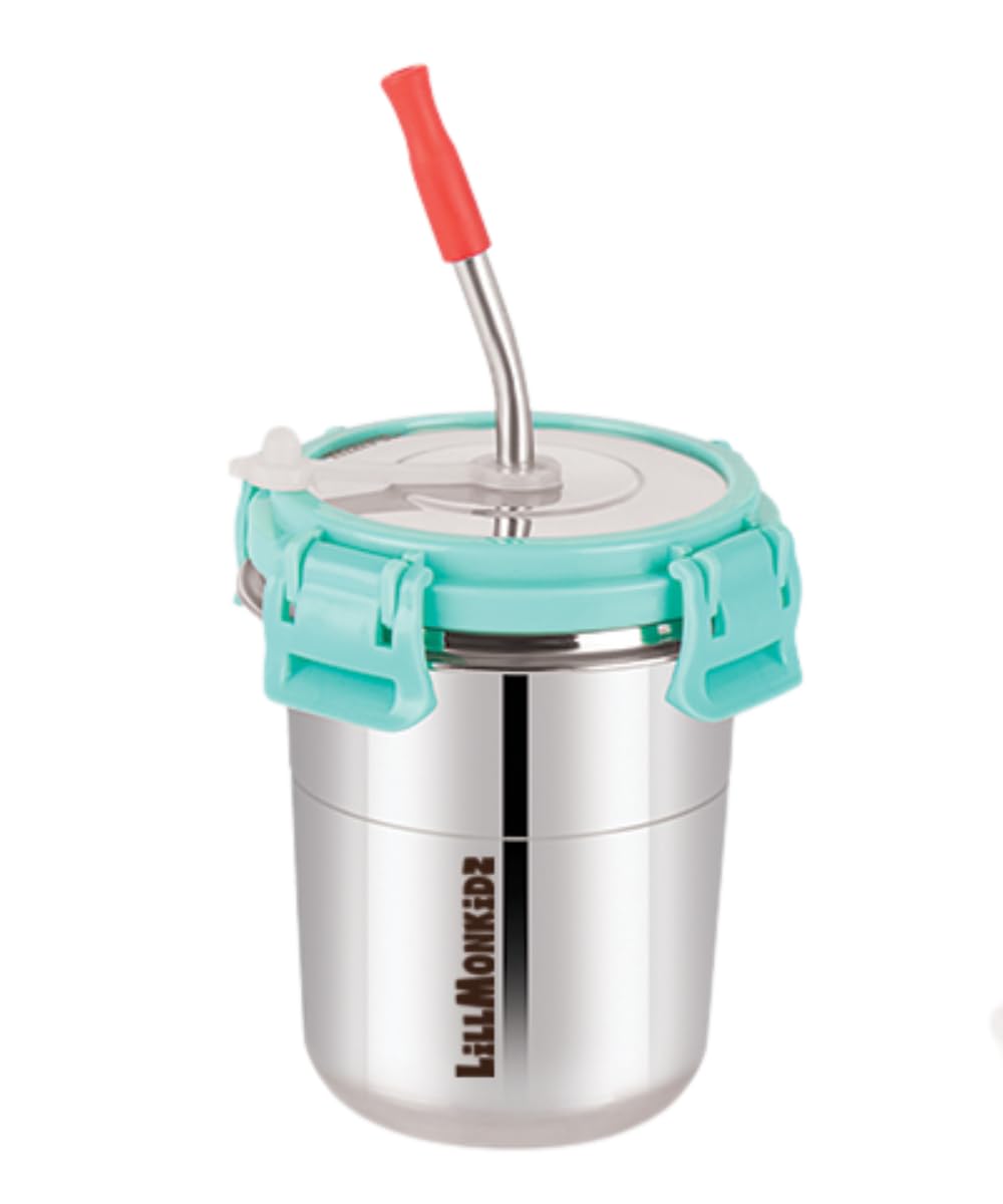 LiLLMONKiDZ Stainless Steel Tumbler for Kids 300ml | Tumbler Glass with Straw for Kids | Steel Tumbler with Lid, Straw, Cleaning Brush and Silicon | (Sea Green, 1pc)