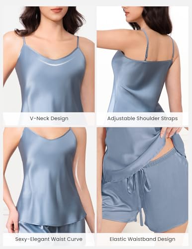 Image of THXSILK Silk Women's Pajama 2 Piece Set 6A+ Grade 100% Mulberry Silk Nightgown Soft Luxury V Neck Cami Shorts Sets Sleepwear