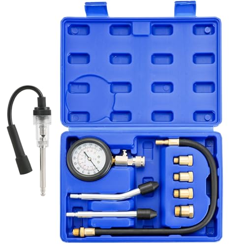 DASBET 9PCS Compression Tester Kit with Spark Plug Tester | Engine Compression Tester Petrol 0-20 Bar & 0-300 psi Car and Motorcycle Engine Testing Tools for Cylinder Pressure Gauge (Blue)