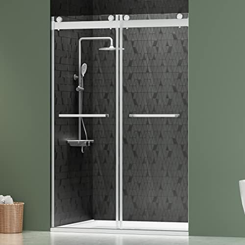 DELAVIN 44"-48" W x 75" H Frameless Shower Door, Double Sliding Shower Door, 5/16"(8mm) Clear Tempered Glass, Noiseless Shatterproof Glass Shower Door with Square Rail, Stainless Steel, Aluminum