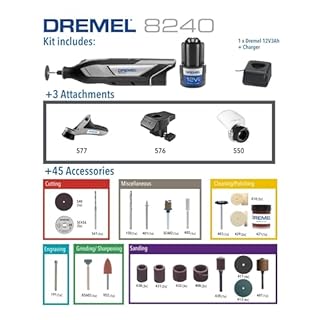 Dremel 8240 Cordless Rotary Tool 12V 2Ah Lithium-ion Battery, Multitool Kit with 3 Attachments, 45 Accessories, Variable Speed 5.000-35.000 RPM and Quick Charge Time