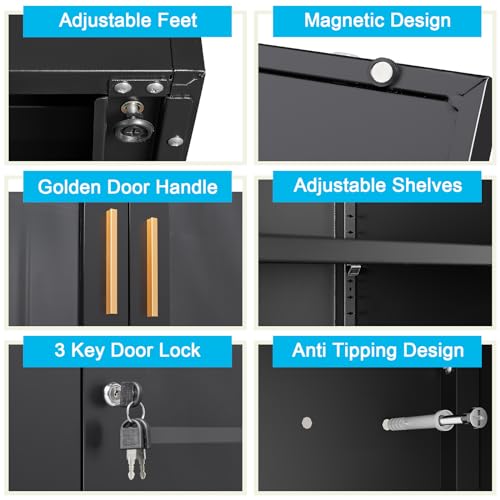 71" Glass Display Cabinet with Lock,Curio Cabinet with Glass Doors, Metal Display Case with 4 Adjustable Shelves, Black Bookcase Locking Storage Cabinets for Living Room, Kitchen，Commercial