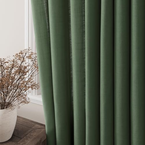 Image of Extra Long Olive Green Linen Curtains 102 Inches Length for Living Room 2 Panels Set Grommet Top Sunlight Filtering Semi Sheer Curtain Linen Blend Soft Drapery for Dining Room Windows 52x102