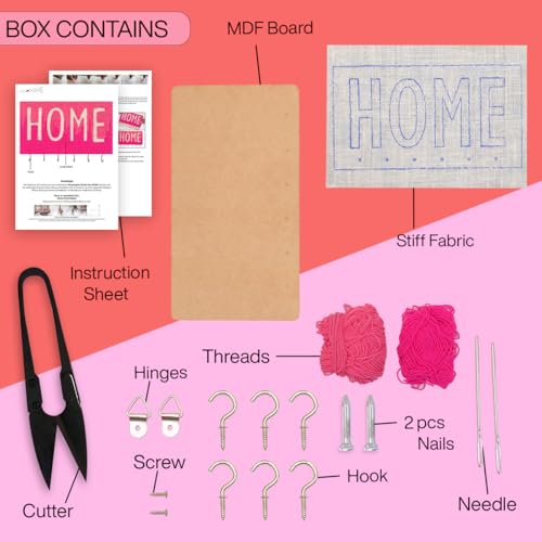 Image of picknMAKE DIY Embroidery Keychain Holder Kit - MDF Base with Pre-Printed Home Design, Pink Wool for Embroidery, 6 Hooks, Glue, Hinges, and All-Inclusive Craft Materials