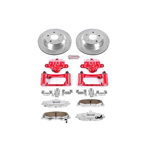 Image of PowerStop Rear Brake & Caliper Kit for Chevrolet Camaro 1998-02 | Pontiac Firebird 1998-02 - Drilled & Slotted Disc Rotors + Carbon-Fiber Ceramic Brake Pads + Red-Powder Coated Calipers, KC1568-26