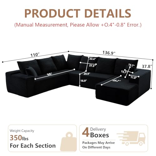 Image of Oversized Modular Sectional Sofa Couch, Large 6 Seater Corner Sofa Modern U Shaped Sectional Couch Cloud Couches for Living Room, Office, Spacious Space, Corduroy, No Assembly Required, Black