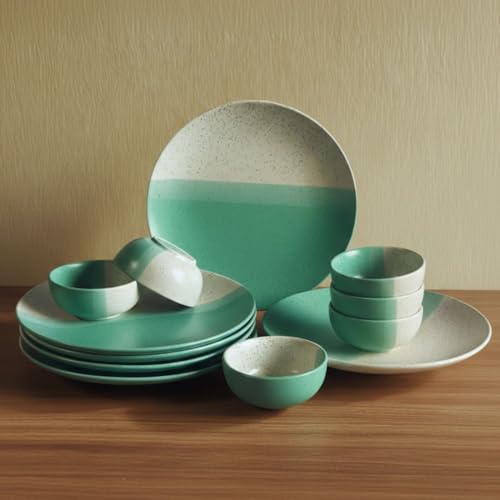 Image of Freakway Ceramic Dinner Set | 6-Piece Dual Tone Mint Green & Beige Speckled Plates & 6 Bowls | Elegant Serving Set for Meals & Dining Table