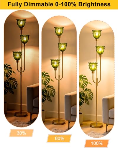Image of Lightdot 66IN 3-Lights Modern Glass Floor Lamp Gold Dimmable Floor Lamps with 3000K Warm White Bulbs for Wedding Party Tall Standing Lamp with Green Glass Shade for Living Room /Bedroom /Home Decor