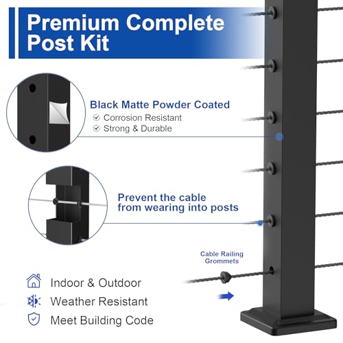 Image of BLIKA 42 inch Level Drilled Cable Railing Post(Post 41 inchx2 inchx2 inch), Stainless Steel Adjustable Line Post, Metal Deck Railing Posts, Top Mount Matte Black Cable Handrail Posts for Cable Railing Kits, BL01-LP