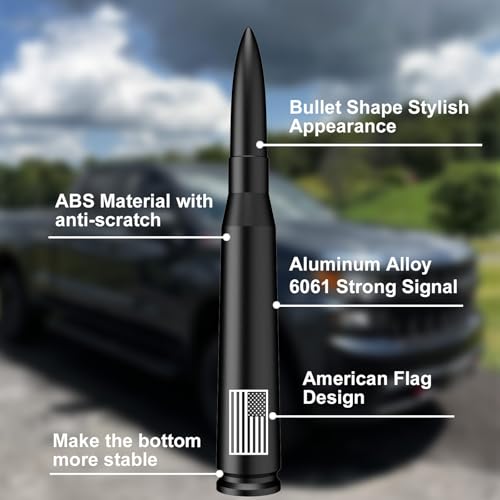 Image of Car Truck Bullet Antenna with Tire Valve Caps American Flag Universal Short Replacement for GMC Sierra Chevy Silverado Dodge Ram 1500 2500 3500 Ford F150 F250 F350 Super Duty Accessories, Matte Black