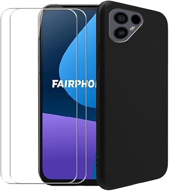 Case for Fairphone 5 + [2 Pack] Glass Screen Protector Tempered Film - Transparent Silicone Soft Flexible Bumper Shockproof TPU Protective Cover Shell for Fairphone 5 Black