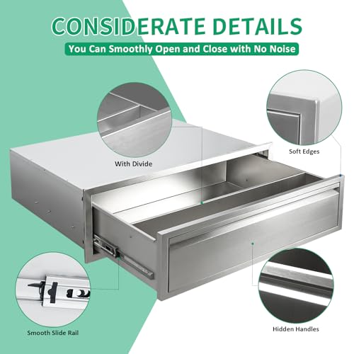 Image of Outdoor Kitchen Drawers 30 inch W x 10 inch H x 23 inch D Stainless Steel Single Drawers with Hidden Handle for BBQ Island, Patio Grill Station & Outdoor Kitchen Cabinets
