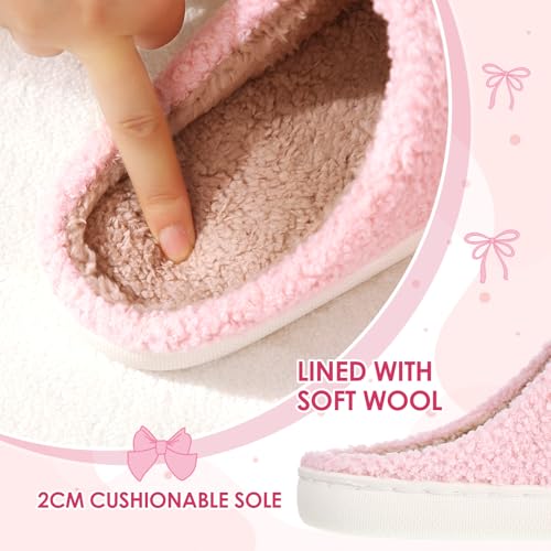 Pink Bow Slippers for Women Cute Coquette Bow Slippers Plush Fluffy Warm Fur Lined House Winter Home Shoes Women Indoor Outdoor3