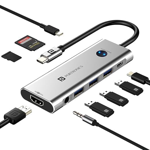 Product image of Portronics Mport One USB C Hub Dock (9-in-1) with 4K 60Hz HDMI, 3-Port USB, HDMI On-Off Button, 100W Type-C Charging, Card Reader, 3.5mm AUX, Type C Plug for Laptop, Mac, PC (Grey)