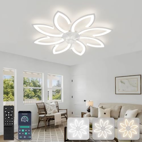 90 cm Lampadario Ventilatore da Soffitto Con Telecomando Led Dimmerabile Pale da Soffitto Design DC Plafoniera Fiore Led Reversibile 6 Velocità Lampadari a Ventola per Camera da Letto Cucina,Bianco