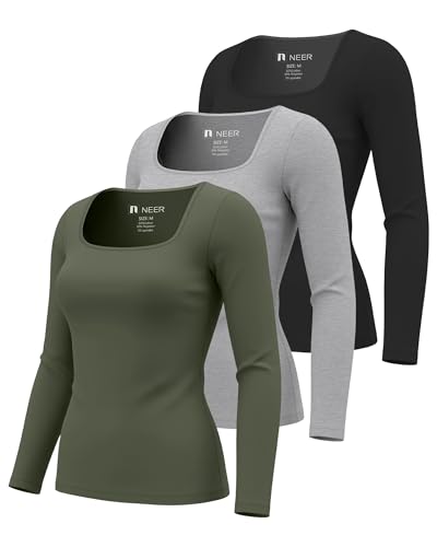 Neer 3 Pack Womens Underscrub Shirts Long Sleeve Square Neck Tops Scrub Tee Comfort Basic Layering Clothes for Nurse(Black, Dark Gray, Army Green,Medium)