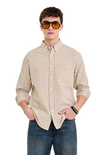 Image of SNITCH Men Casual Plus Size Shirt | Regular Fit Long Sleeve Spread Collar Plaid Pattern | 100% Cotton & Breathable Dobby Fabric for Casual Office Wear & Stylish Everyday Use